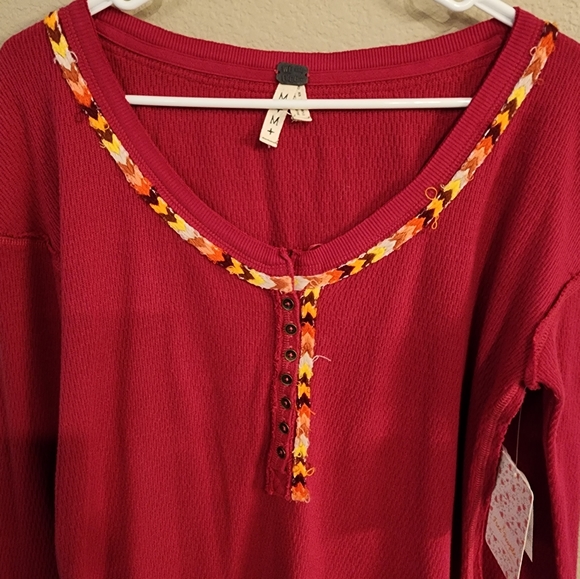 ! NWT We The Free,Free People L/S Mildly Distrd Pink Thermal w Mltclr Trim- SZM! - Picture 2 of 6